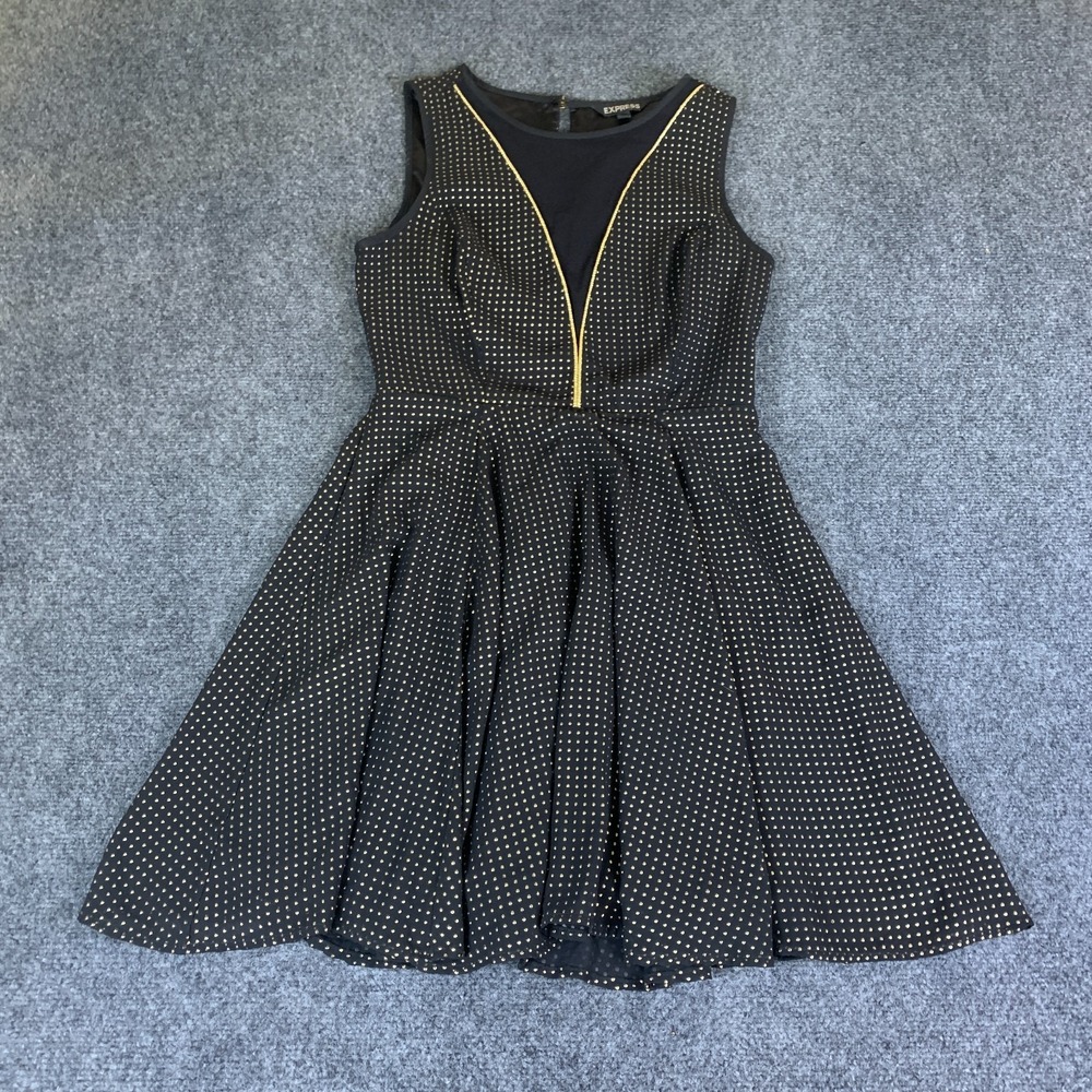 Express Fit & Flare Dress Womens 4 Black Gold Polka Dot Sleeveless Plunge V Neck